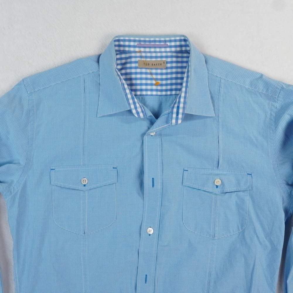 Ted Baker Shirt Mens 5 Large Blue Reverse Cuff Button-Down Micro Check Roll Tab